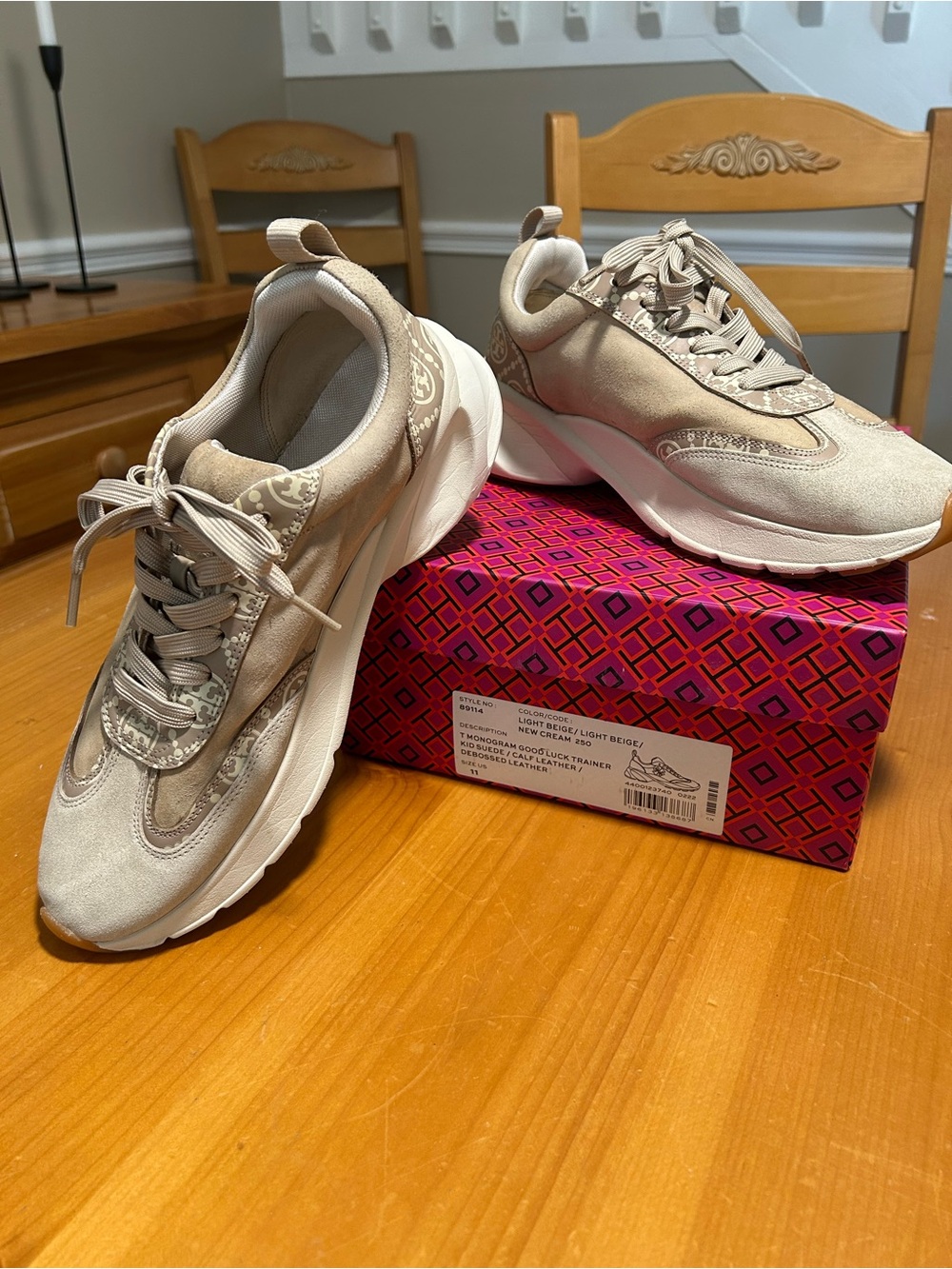 Tory Burch Light Beige Suede T monogram good luck trainer